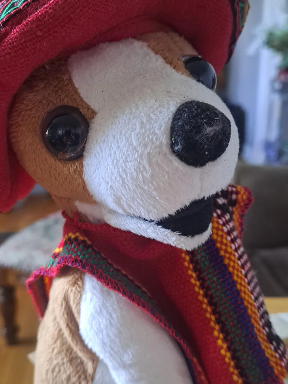 Plush Dog Toy with Red Woven Vest - Soft White & Tan Pup